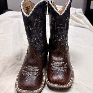 Old West Kids Brown Leather Cowboy Boots Embroidered Western Size 5.0 D